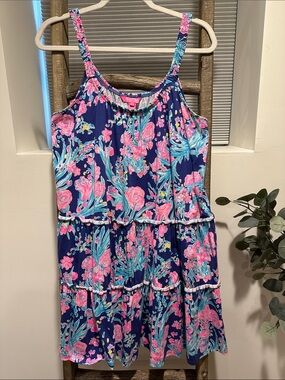 Lilly Pulitzer Navy Floral Tiered Sundress with Pink & Aqua Print